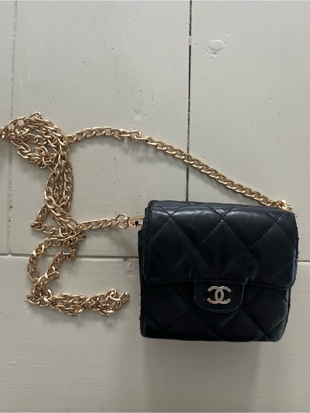 CHANEL Black Quilted Mini Cube Crossbody with Gold Chain